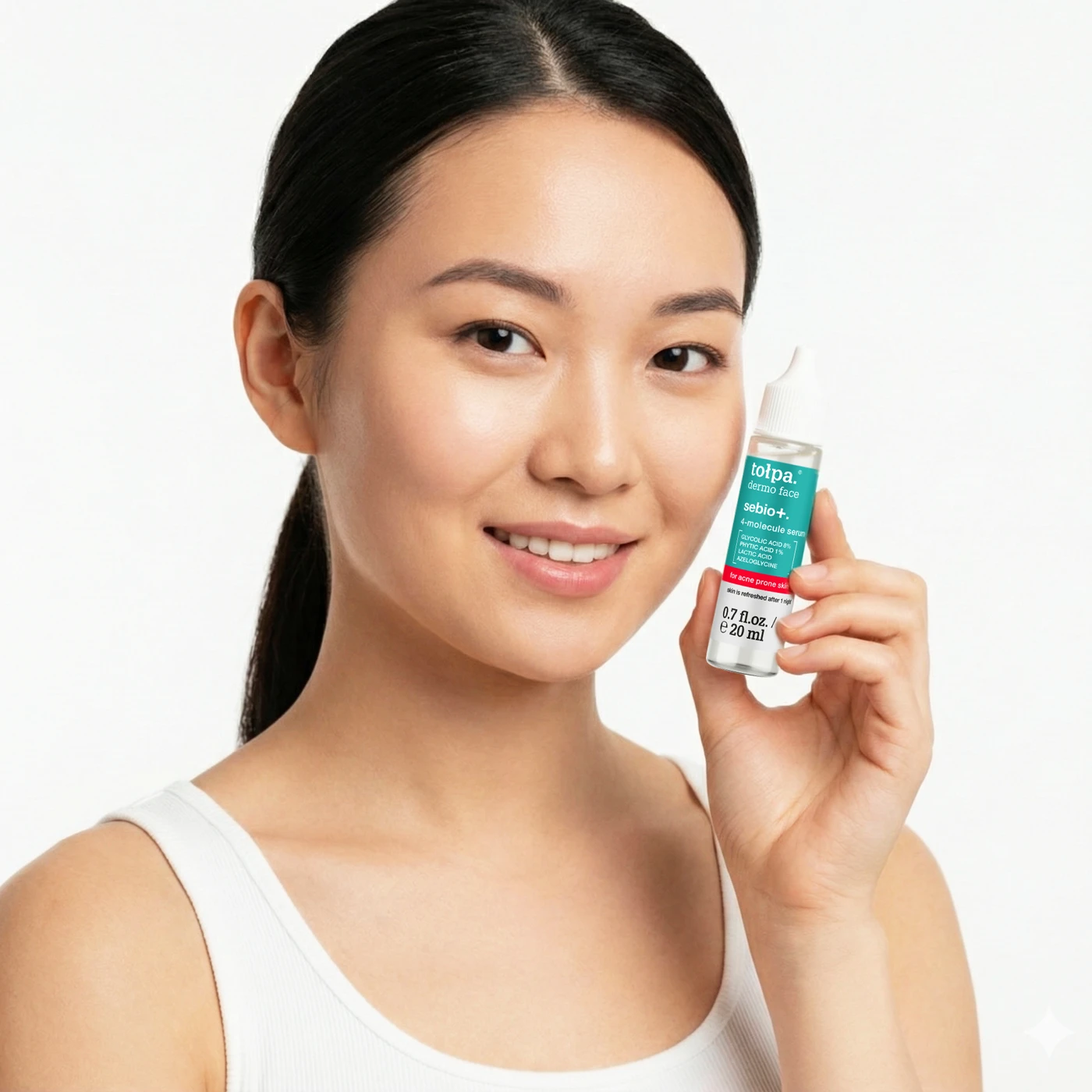 Brand photograph of a model holding the Tołpa 4-Molecule Serum